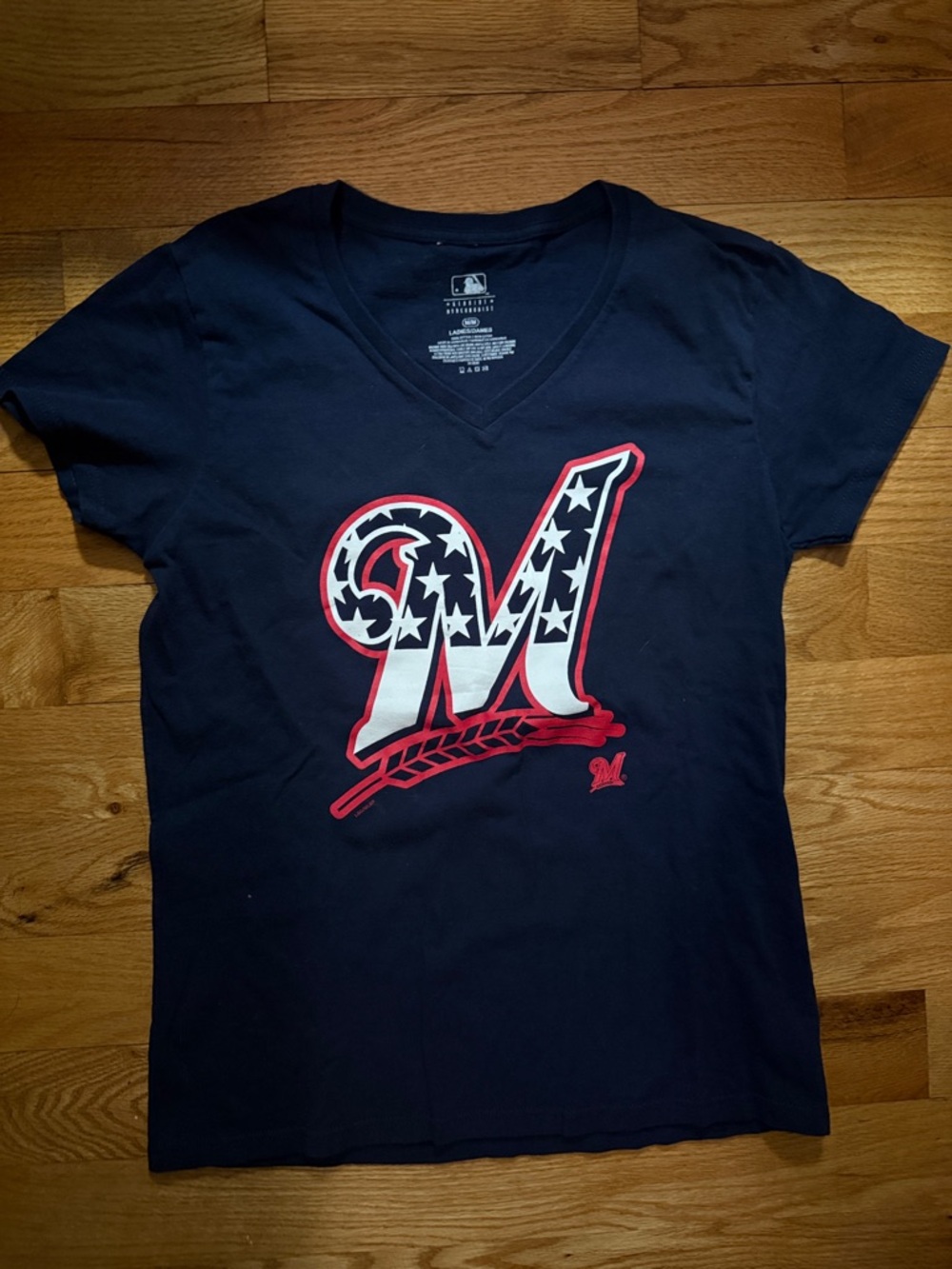 Genuine Merchandise Women's Navy Short Sleeve Tee with Red & White Graphic